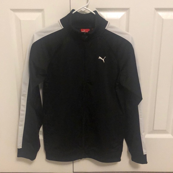 Boys Black & White Striped Puma Windbreaker Zip Up Jacket (Size Large) - Picture 1 of 5